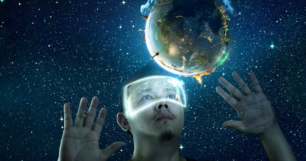 A person wearing a futuristic virtual reality headset looks up with raised hands, appearing amazed, while a glowing planet Earth floats in space above them, surrounded by stars.