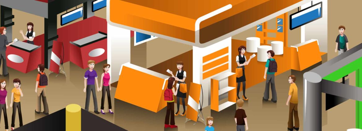 Illustration of a busy convention or trade show with people walking and interacting around various colorful booths, including orange and red displays, and staff members assisting visitors.