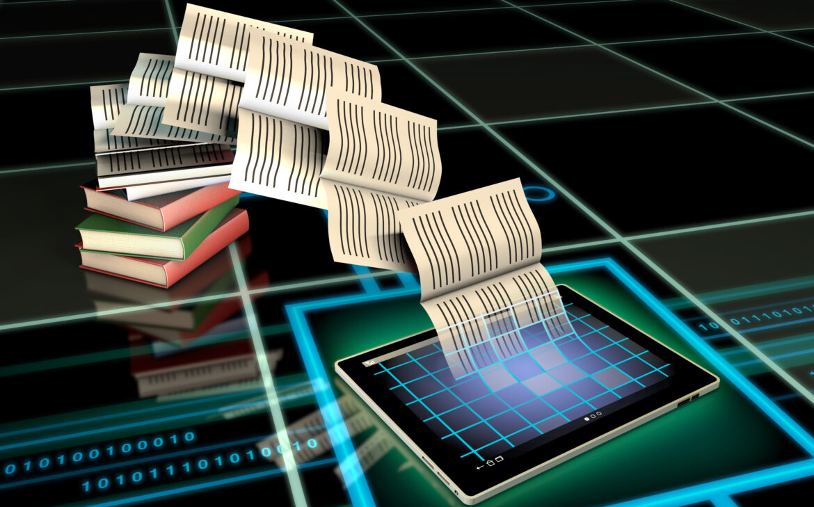 A stack of books with pages turning into digital sheets, flowing into a tablet device on a glowing, futuristic grid background, symbolizing digitization of information.