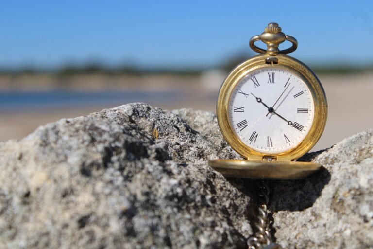 A classic pocket watch resting on beach rocks, capturing timeless elegance under a clear blue sky