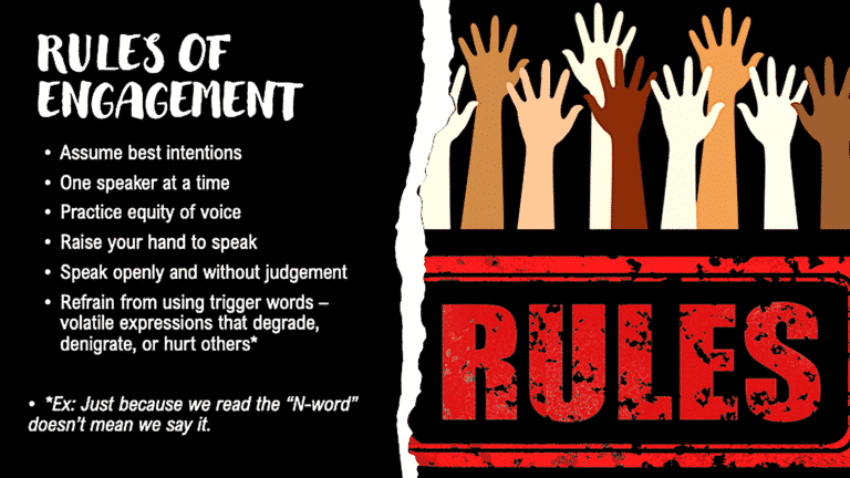 Illustrated graphic of various raised hands of different skin tones. Text on left lists Rules of Engagement for discussions, including assuming best intentions, speaking one at a time, and avoiding hurtful trigger words.