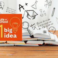 A stack of open books on a wooden table with science math and education doodles above them Overlaid is an orange Future of School 1 Big Idea logo featuring a lightbulb graphic