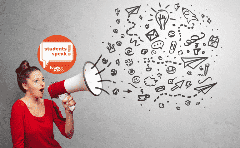 A young woman in a red shirt speaks through a megaphone, with doodles of creative ideas coming out. A logo reads “students speak” and “future schools” on the left. The background is a light gray wall.