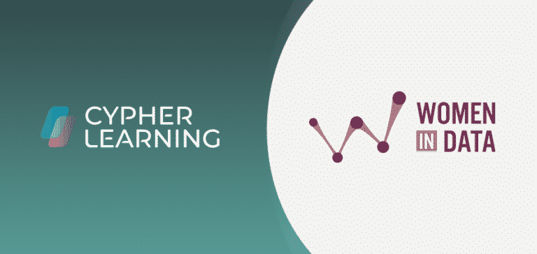 Two logos appear side by side: Cypher Learning on a green gradient background, and Women in Data with a stylized W made of connected data points on a white background.