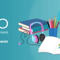 Illustration of school supplies including books headphones colored pencils a globe ABC blocks paint palette and an open notebook The text reads NEO by CYPHER LEARNING and NEOclearsTheList on a teal background