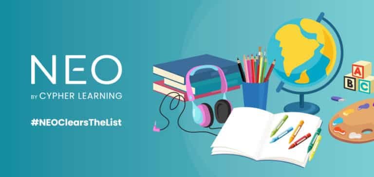 Illustration of school supplies including books, headphones, colored pencils, a globe, ABC blocks, paint palette, and an open notebook. The text reads “NEO by CYPHER LEARNING” and “#NEOclearsTheList” on a teal background.