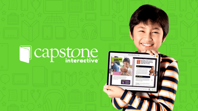 Smiling child holds a tablet displaying an e-book. The background is bright green with book-themed icons and the Capstone Interactive logo.