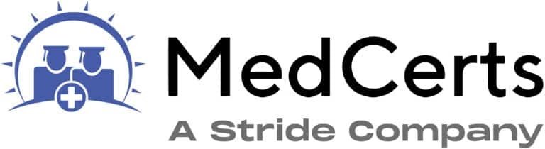 MedCerts logo featuring two medical professionals inside a circle with a medical cross, next to the words MedCerts and below it, the text A Stride Company.