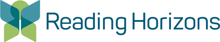 Logo for Reading Horizons featuring overlapping green and blue shapes forming a symmetrical abstract design to the left of the words “Reading Horizons” in blue text.