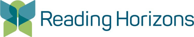 Logo for Reading Horizons, featuring a stylized butterfly or open book in shades of blue and green to the left of the text Reading Horizons in teal font.