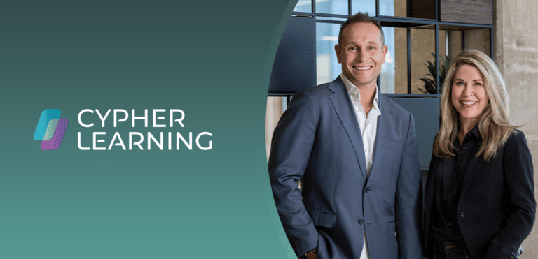 Two business professionals, a man and a woman, stand smiling in an office setting next to the CYHER LEARNING logo on a teal background.