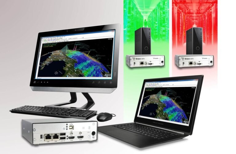 A desktop and a laptop display colorful radar maps; network devices are connected to two black servers in green and red-lit server rooms, depicting network data processing and transfer.