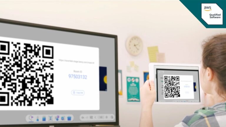 A person uses a tablet to scan a QR code displayed on a monitor in a bright office setting. The screen shows a room ID and QR code, with an AWS Qualified Software logo in the top right corner.