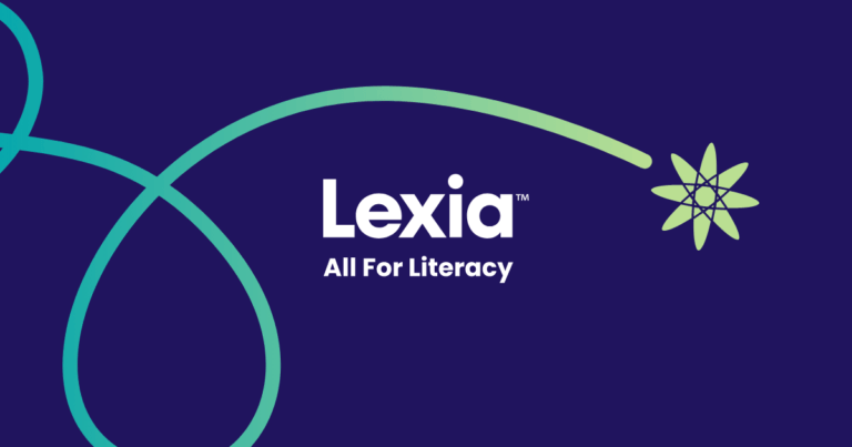 The Lexia logo with the tagline All For Literacy on a dark blue background, featuring a green and blue curved line ending in a stylized star or flower shape.