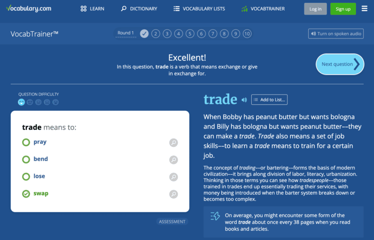 Screenshot of an online vocabulary quiz showing the word trade, its definition, and a multiple choice question. The highlighted correct answer is swap. The interface is blue with white text.