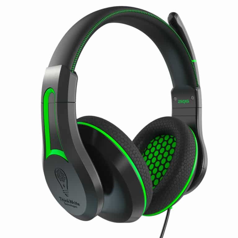 Black and green over-ear gaming headset with padded ear cups, a built-in microphone, and a visible cable. The ear cups feature a green honeycomb pattern inside.