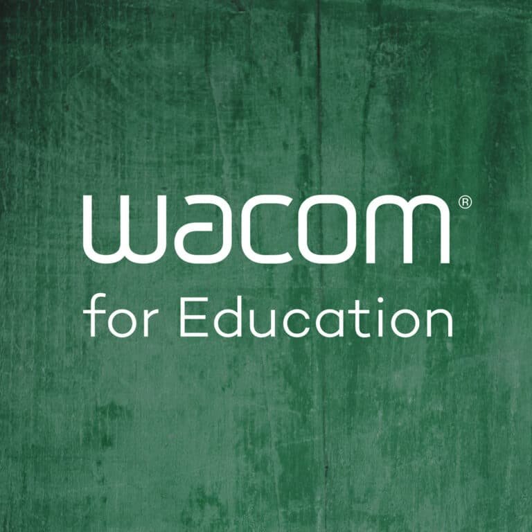 White text on a green chalkboard background reads wacom for Education.