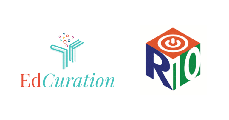Two logos on a white background: Left, EdCuration in red and teal text with an abstract icon; right, RIO on a colorful 3D cube with a power symbol in an orange circle on top.