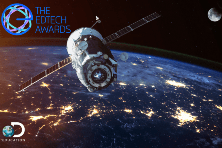 A satellite orbits above Earth at night, with illuminated cities visible below. The EdTech Awards logo appears in the sky, and the Discovery Education logo is in the lower left corner. The moon is visible in the distance.
