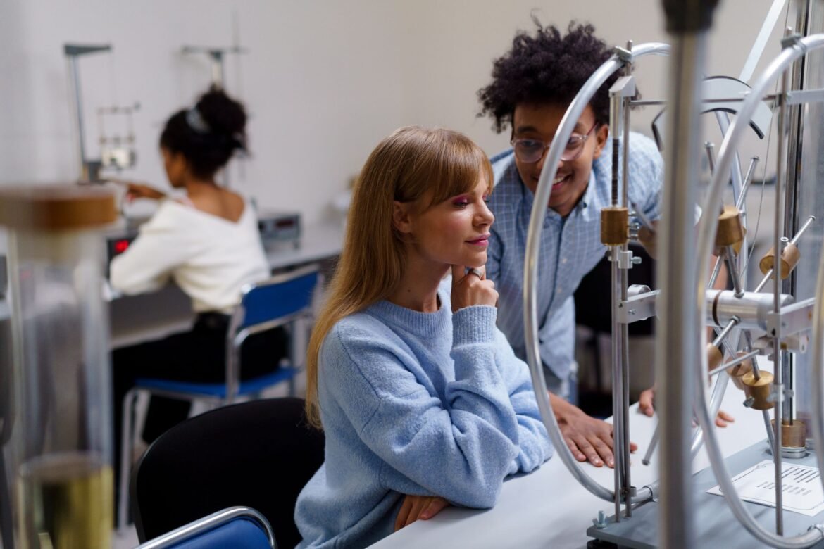 Diverse college students engaged in a collaborative science experiment