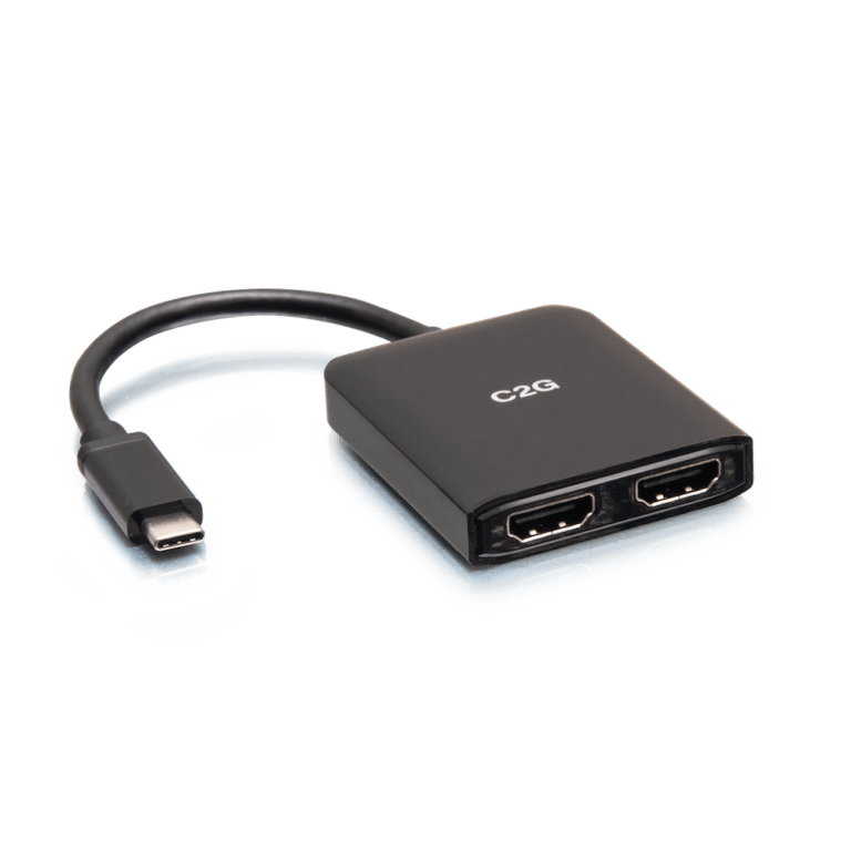 A black C2G adapter with a short cable featuring a USB-C connector on one end and two HDMI ports on the other, placed on a white background.