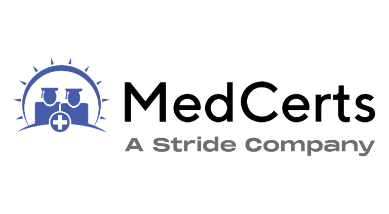 MedCerts logo with two stylized figures in graduation caps, a medical cross symbol, and the text MedCerts A Stride Company on a white background.