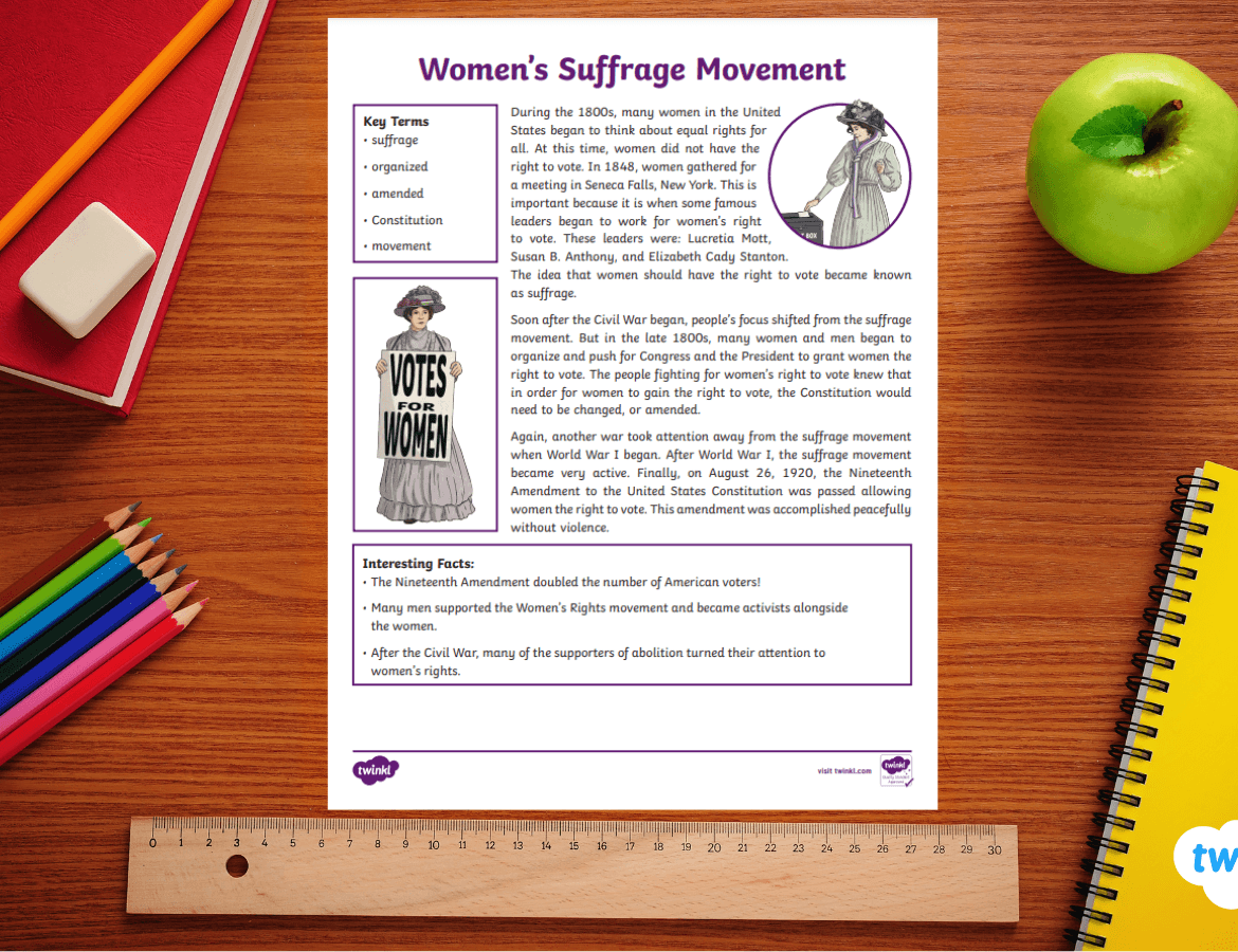 A worksheet about the Womens Suffrage Movement sits on a wooden desk with an apple, pencils, a red notebook, a yellow folder, and a ruler. The worksheet includes text, images of a suffragette, and facts.