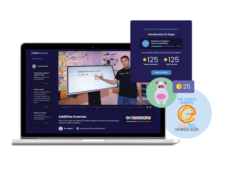 A laptop displays an online math lesson with a teacher at a whiteboard. Overlayed are achievement badges, earned points, and an EdTech Awards 2024 winner badge for the MATHstream learning platform.