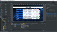 A computer screen displays stock prices for Microsoft IBM Apple and Tesla showing their current value volume price change and percent change with arrows indicating increase or decrease