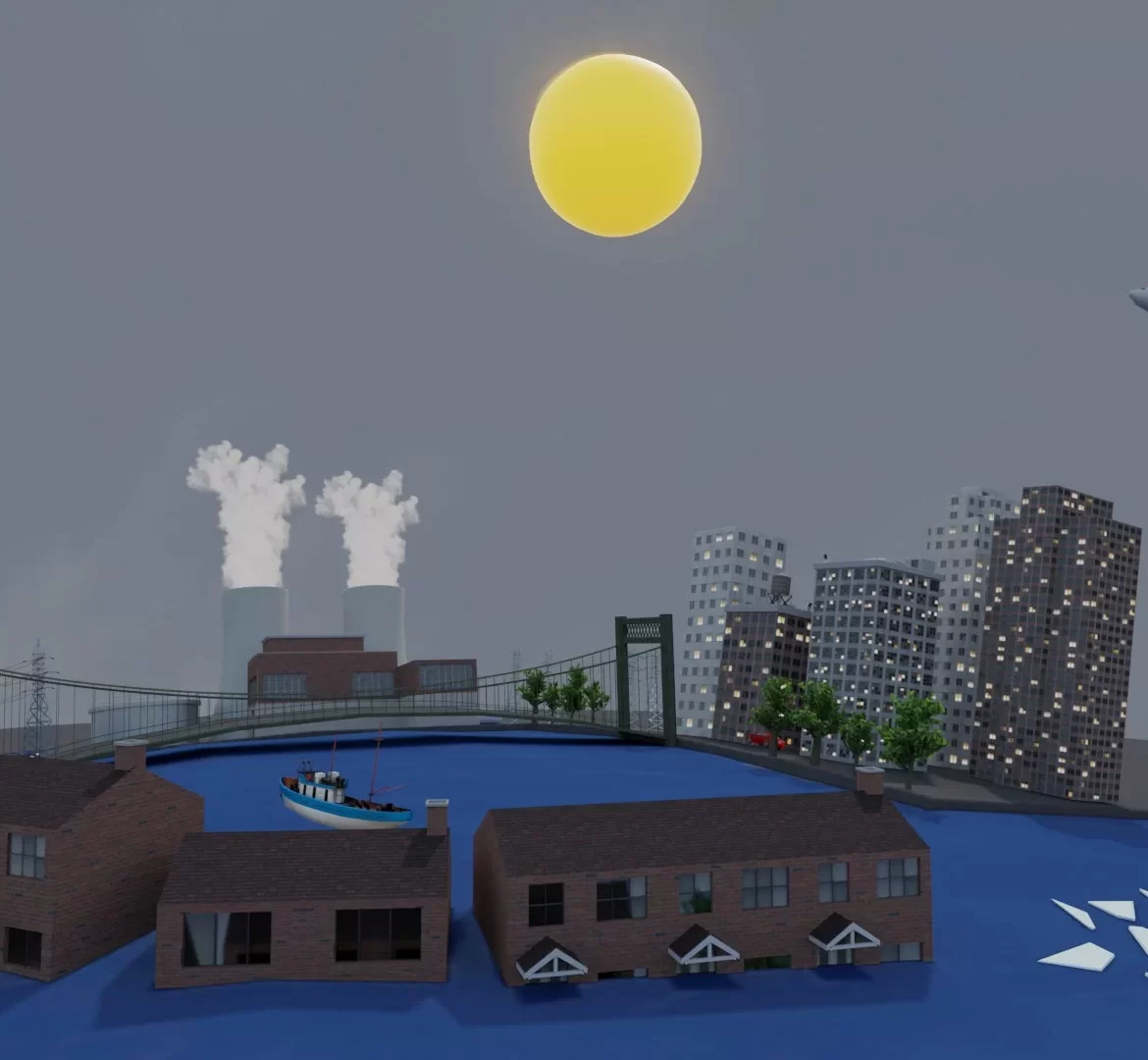 A digital illustration shows a city with factories emitting smoke, high-rise buildings, a bridge, flooded houses, a boat, an iceberg, and an airplane flying under a bright sun in a gray sky.