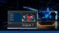 A computer monitor displays sports broadcasting software with player stats and graphics set against a blurred background of a professional TV studio with lights and equipment