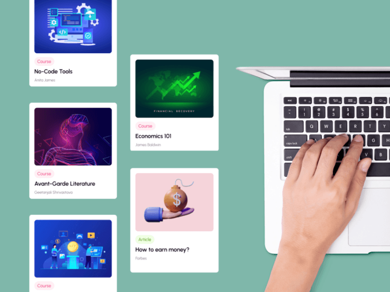 A hand rests on a laptop keyboard. On the left, five digital course cards are displayed, including “No-Code Tools,” “Economics 101,” “Avant-Garde Literature,” and “How to earn money?” with colorful illustrations.