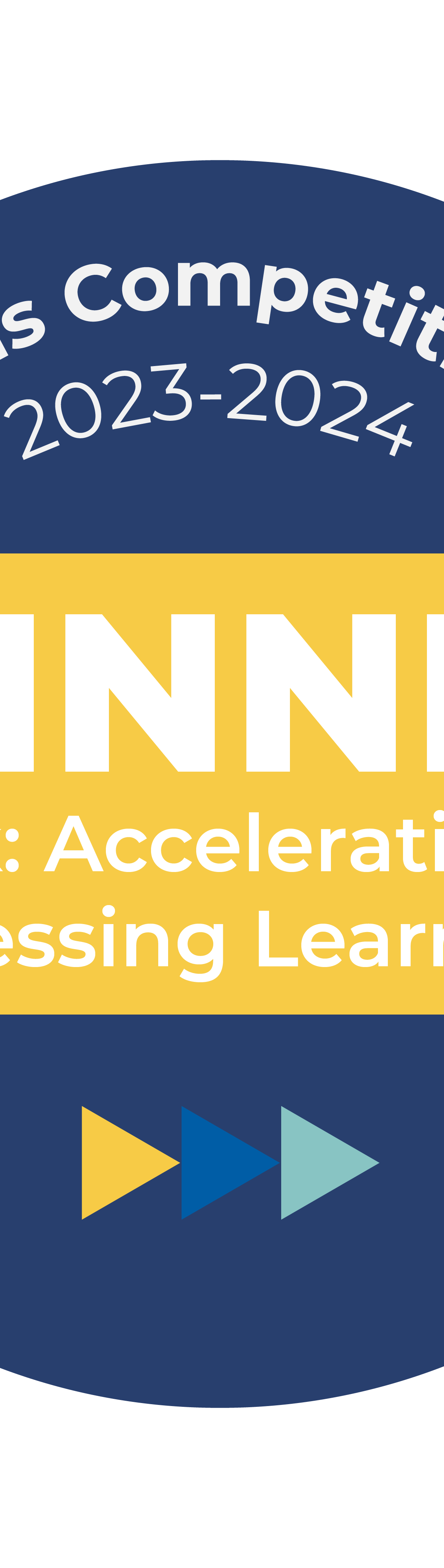 A blue circle with “Tools Competition 2023-2024” text is overlaid by a yellow ribbon stating “WINNER Track: Accelerating & Assessing Learning” with three small arrows below on a light background.