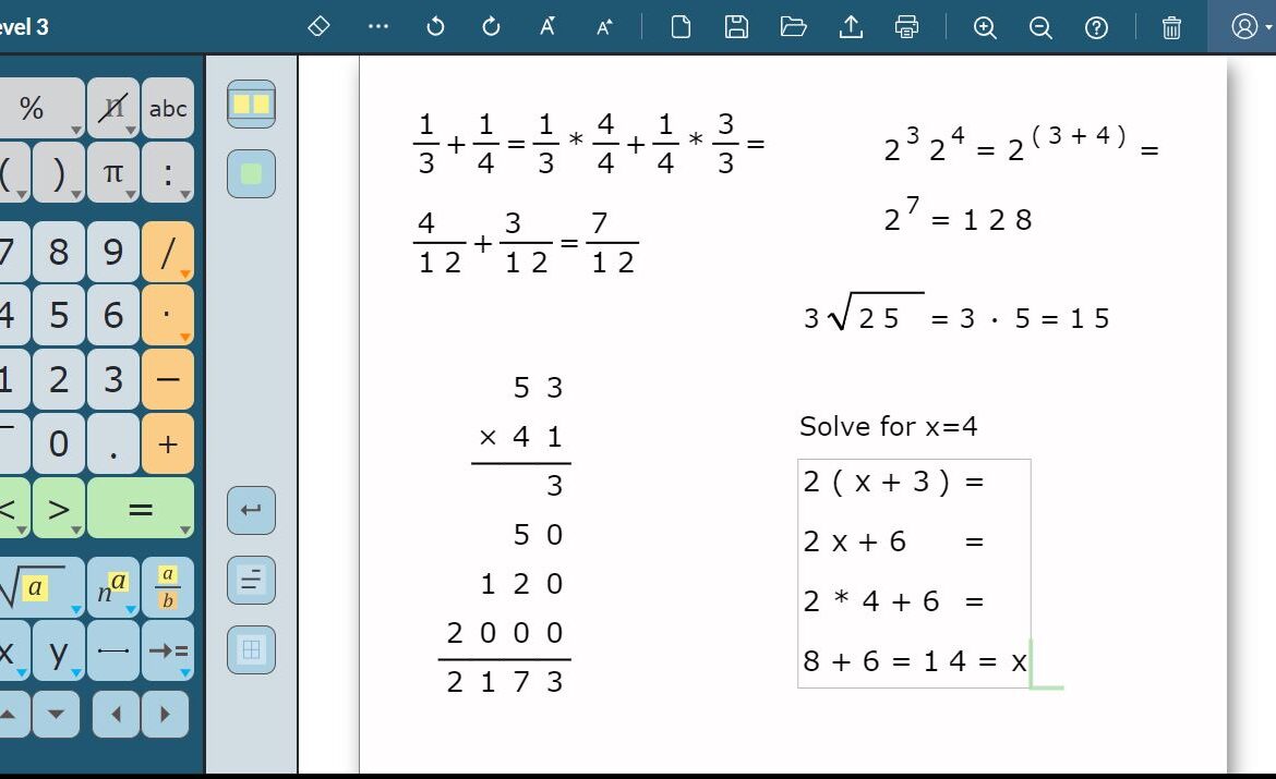 A digital math worksheet with fractions, exponents, square roots, a multiplication problem (53 × 41), and a boxed algebra equation solved for x, displayed on a screen with a calculator tool on the left.