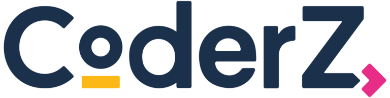 The image shows the CoderZ logo in bold dark blue letters. The letter o has a yellow underline, and there is a pink angular arrow pointing right next to the Z.