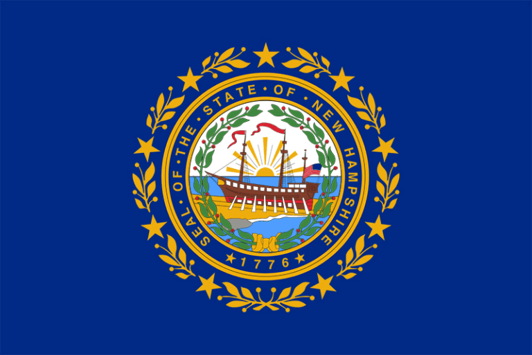 The flag of New Hampshire features the state seal at the center, depicting a ship, rising sun, and laurel wreath, all surrounded by a ring of gold stars on a blue background.