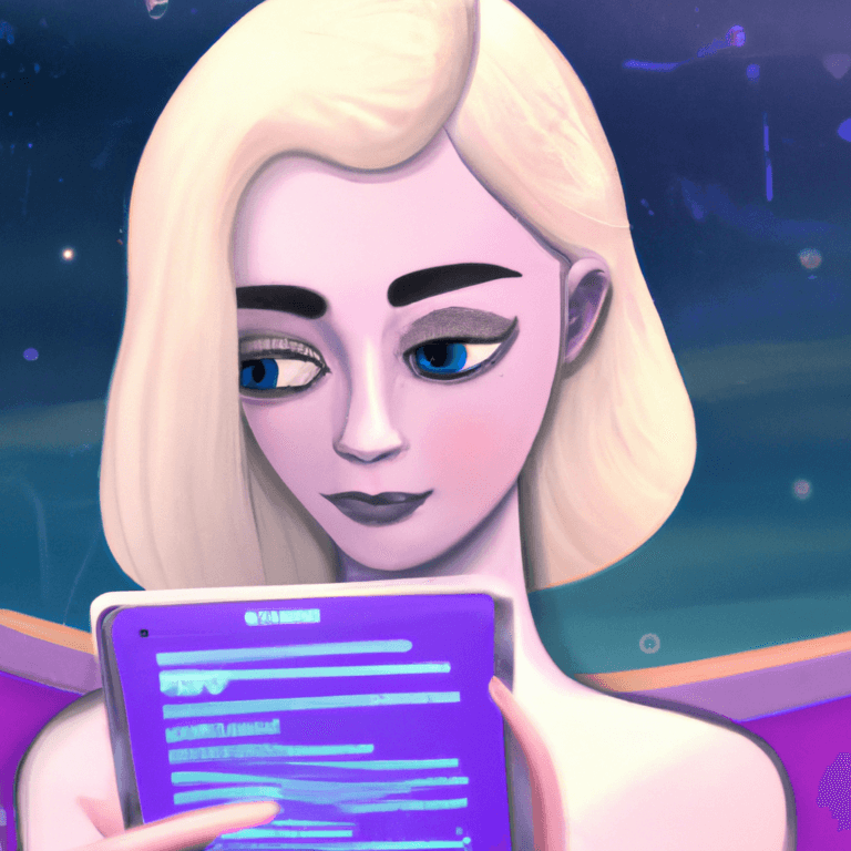 A stylized illustration of a woman with pale skin and blonde hair holding a glowing tablet, with a serene expression and a starry, purple-toned background.