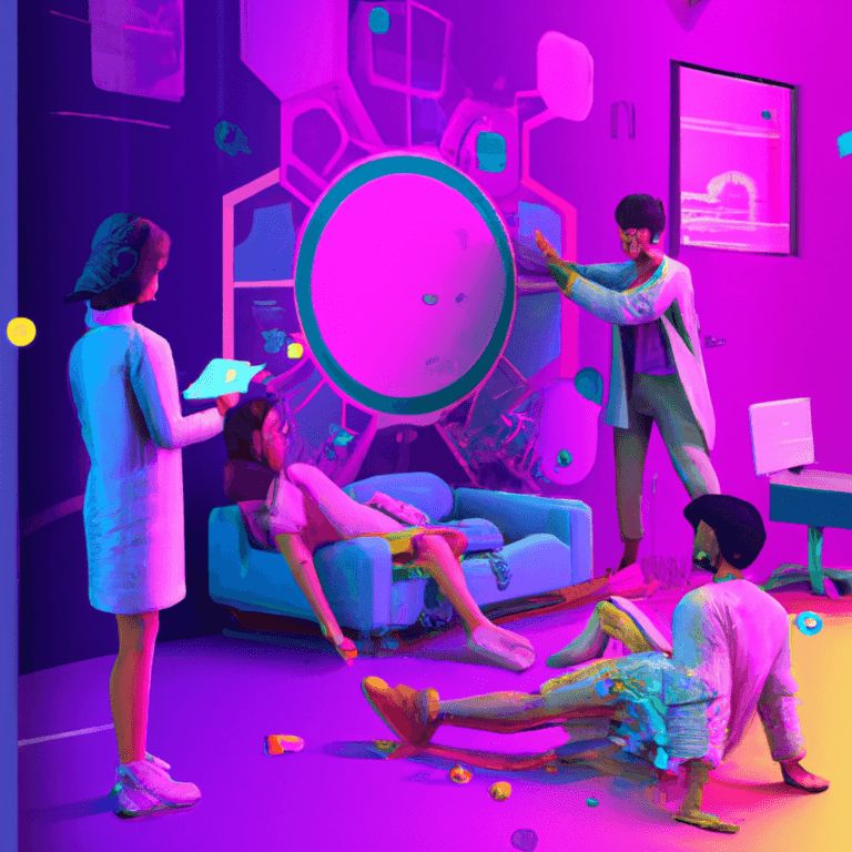 Four people in futuristic clothing interact in a neon-lit room; one person reclines in a chair, another sits on the floor, while two others stand nearby, one taking notes and the other reaching toward a large circular display.