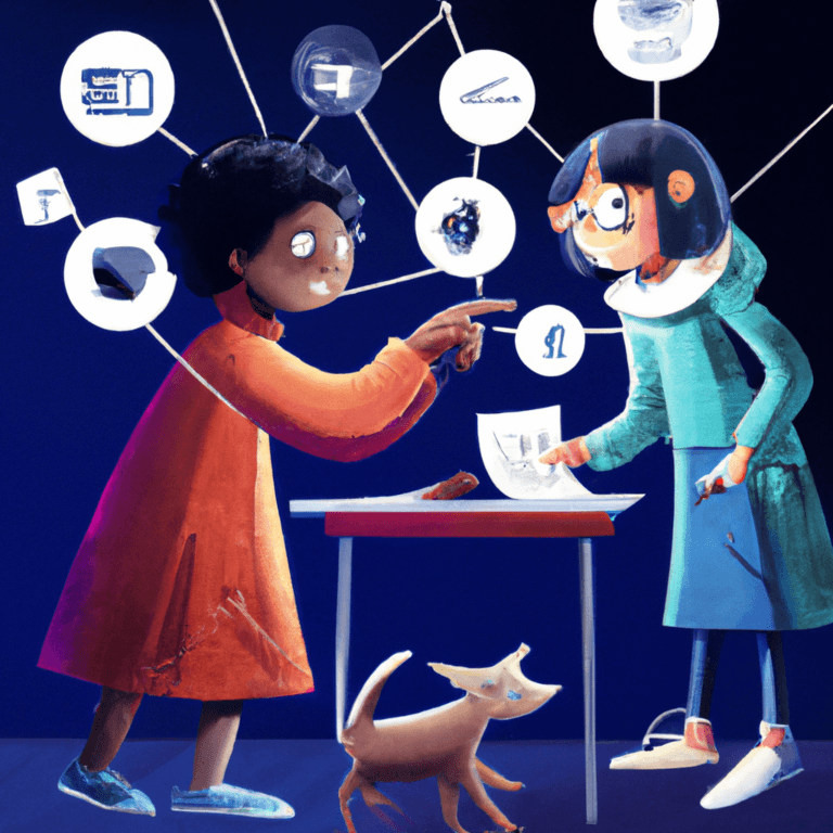 Two children stand by a table, pointing at a paper, with speech bubbles showing various objects above them. A small dog stands nearby. The scene has a playful, animated art style and a dark blue background.
