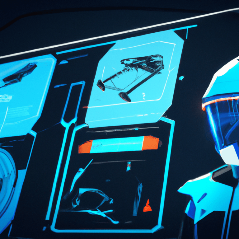 A digital illustration of a futuristic control panel with neon blue accents, showing various high-tech gadgets and screens. A person in a blue armored suit and helmet stands on the right side.
