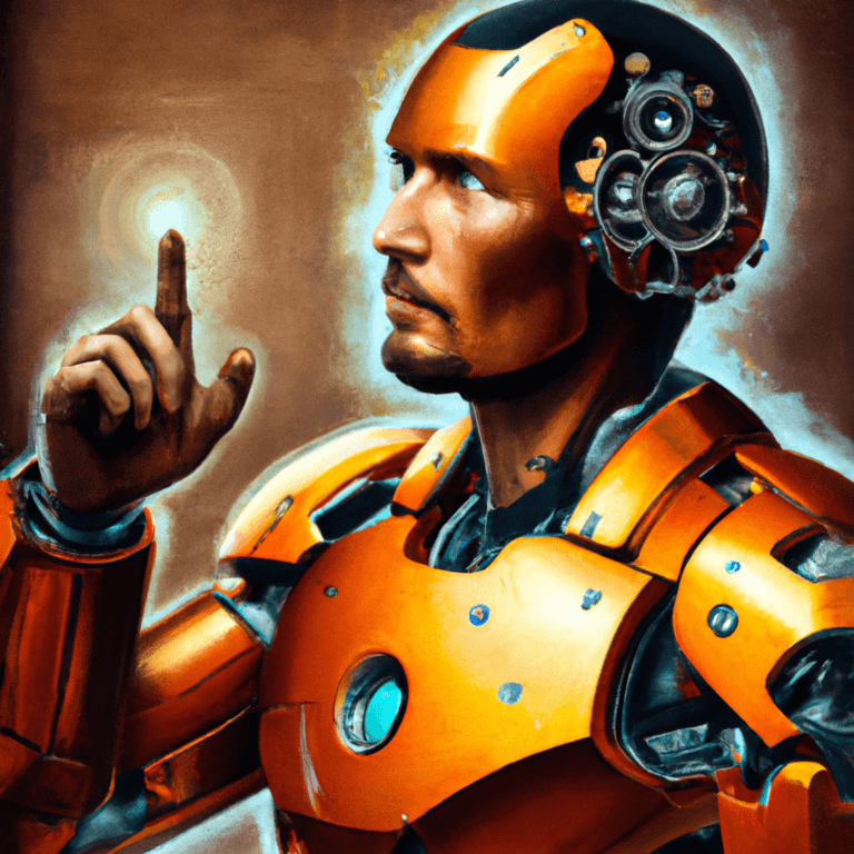 A man in an orange futuristic robotic suit with exposed gears on his head touches a glowing light with his finger, looking focused and thoughtful.