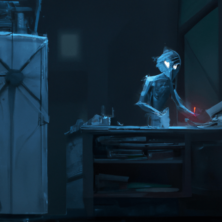A robot with a thin, humanoid shape sits at a cluttered desk in a dimly lit room, writing with a red pen under a blue light, surrounded by various tools and papers.