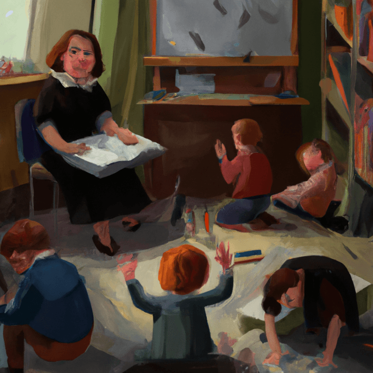 A teacher sits on a chair holding a book while several young children sit and draw on the floor in a classroom with bookshelves and an easel in the background.
