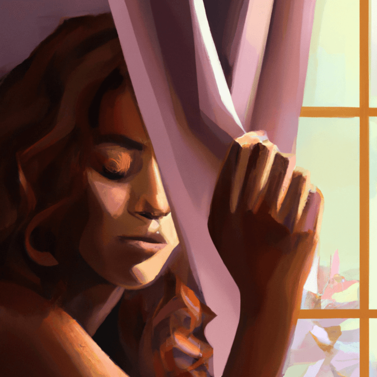 A woman with closed eyes stands by a window, gently holding a curtain. Warm sunlight filters in, casting soft shadows and illuminating her face and hand with a peaceful, introspective mood.