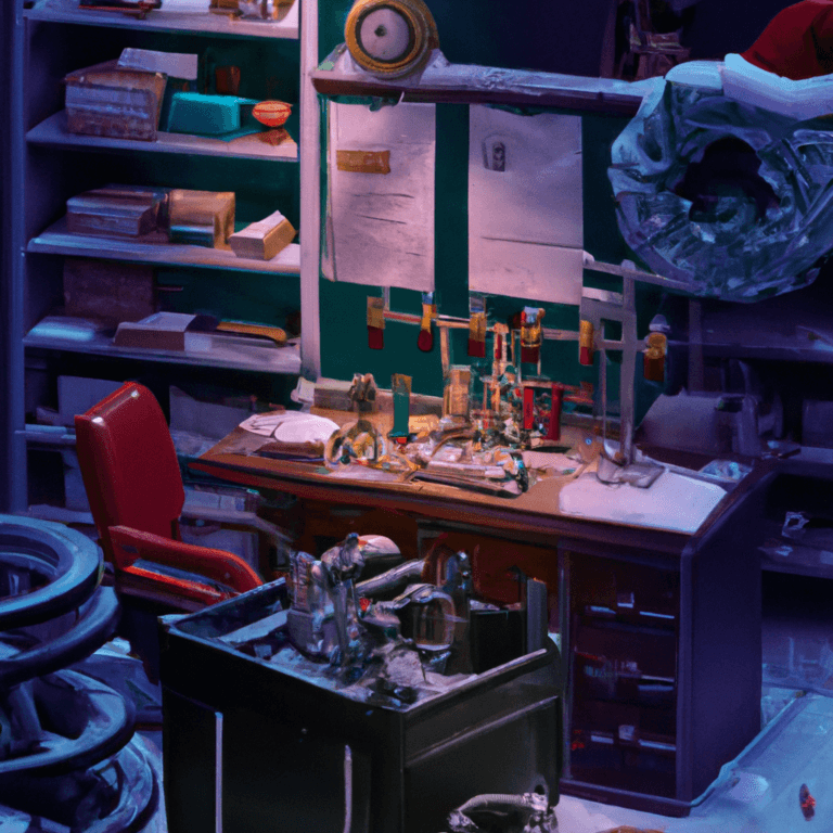 A cluttered laboratory with shelves of books and equipment, a red chair, and a desk crowded with scientific instruments and glassware. Papers and diagrams are pinned to a blue wall behind the workspace.