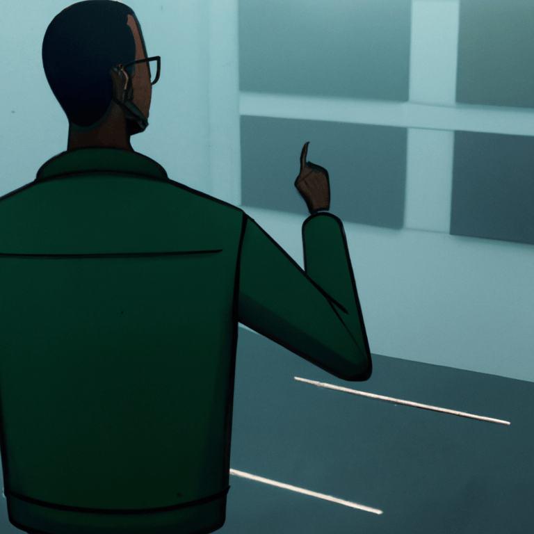 A person wearing glasses and a green jacket stands indoors, facing a wall with four square panels, gesturing with their right hand raised. The lighting is soft and the scene appears modern and minimalistic.
