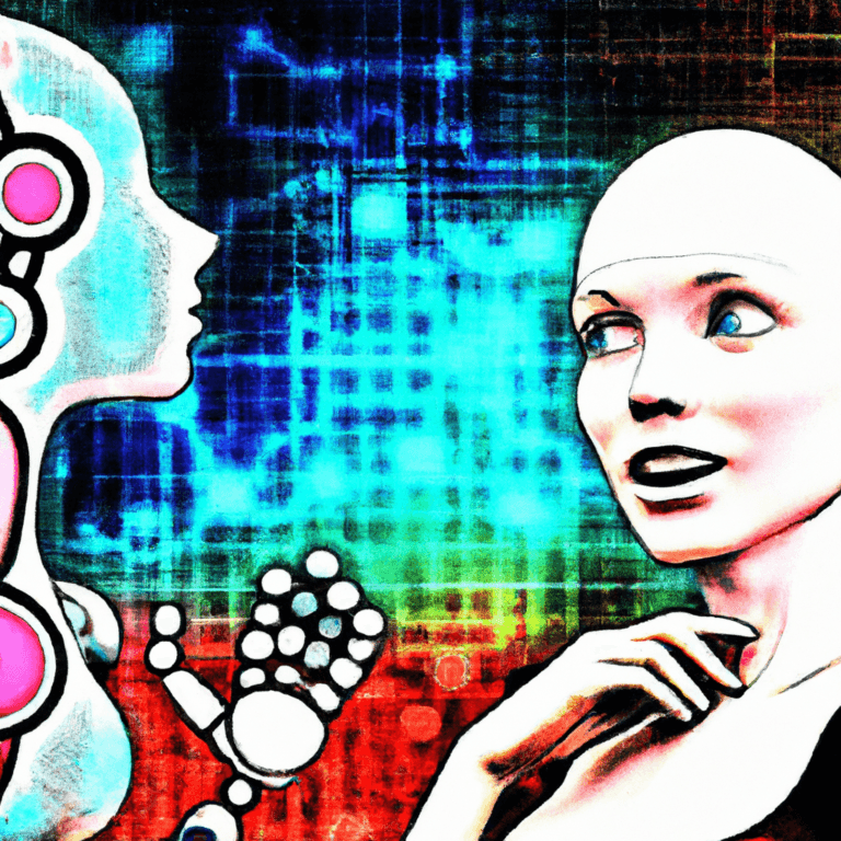 A digital artwork depicts a human-like robot and a futuristic woman interacting, with a vibrant blue and red techno-patterned background. The robot has visible circuits, and the woman is smiling, suggesting a friendly exchange.