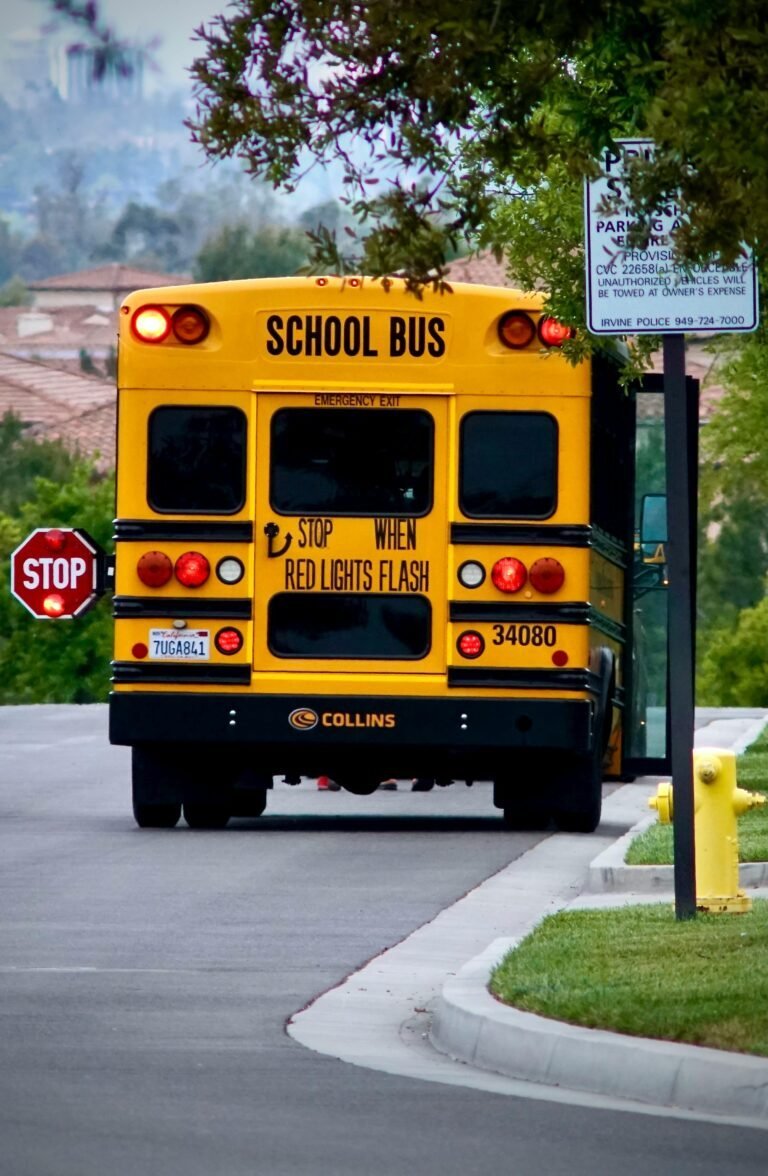 A yellow school bus is stopped on a suburban street near a stop sign and a fire hydrant. The bus’s rear lights are on, and its rear sign reads, STOP WHEN RED LIGHTS FLASH. Trees and houses are in the background.