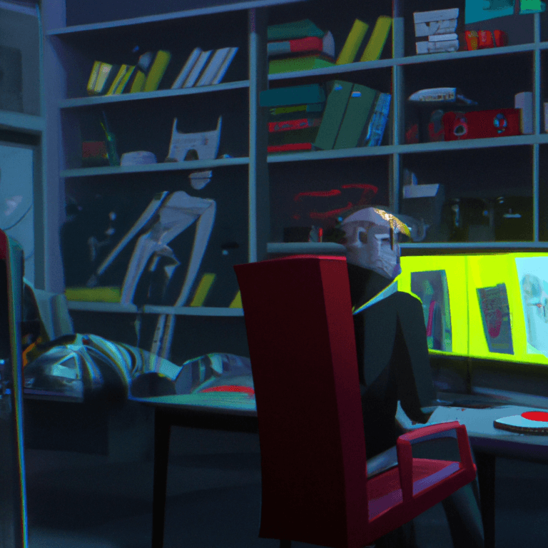 A person sits in a red chair at a desk with multiple glowing computer monitors, surrounded by shelves filled with books, papers, and various objects in a dimly lit, cluttered room.