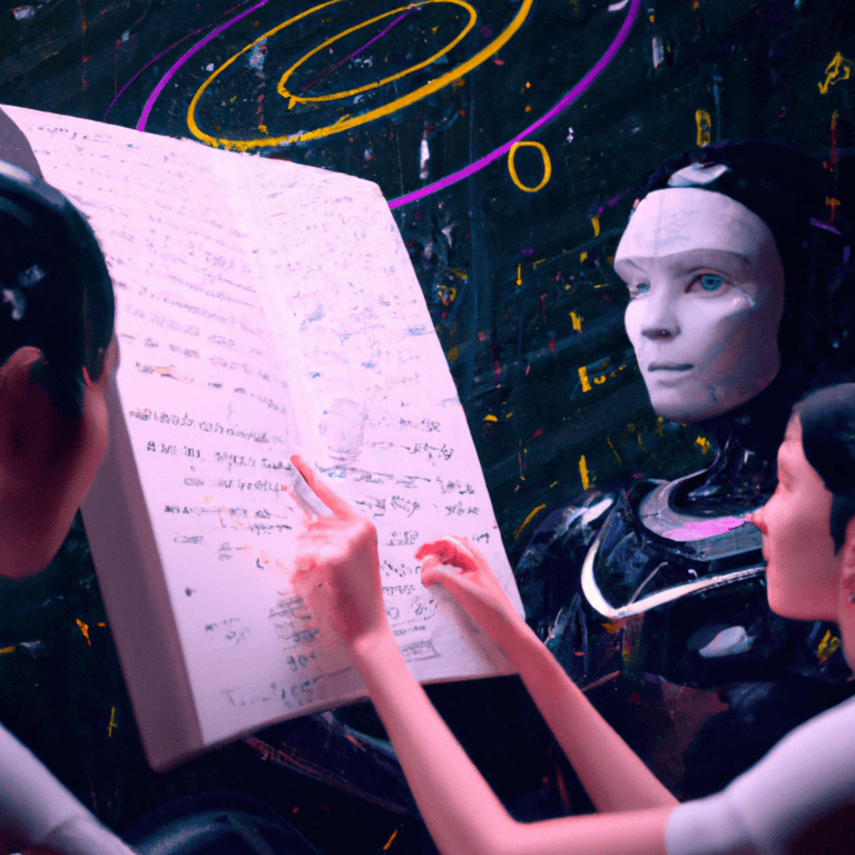 Two humanoid robots study a large open book filled with symbols and math equations, while one points at a page. The background is dark with neon yellow and purple swirling lines.